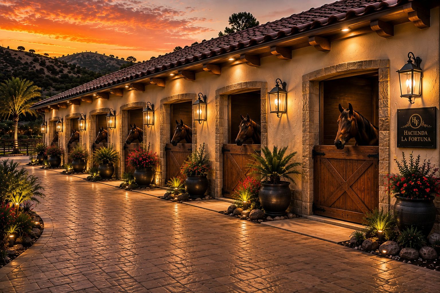 Horse stables at sunset